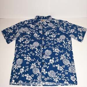 VGT Hilo Hattie The Hawaiian Original Blue & White Pineapple Floral Shirt Size L